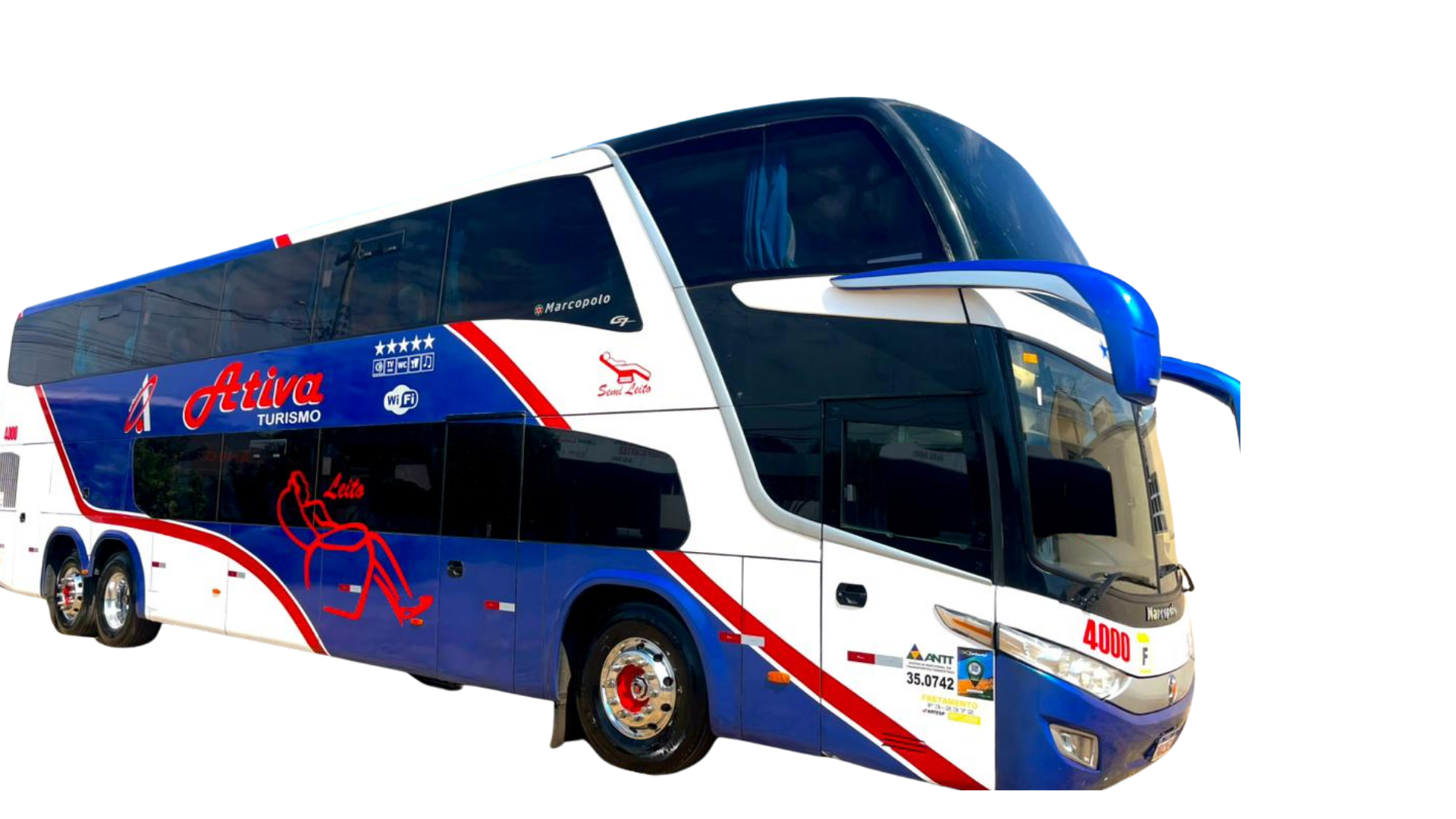 Ônibus DD possuindo 55 lugares - 46 semi leito no piso superior e 9 lugares leito no piso inferior com geladeira e WC em ambos os pisos.